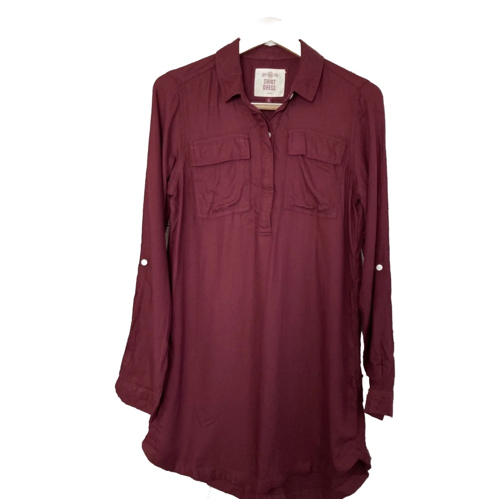 So Shirt Dress Women's Small Maroon Red Long Sleeve Collared Roll Tab Rayon